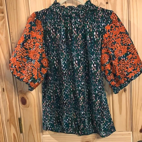 THML Vibrant Floral Puff Sleeve Blouse - Orange and Green - Picture 1 of 7